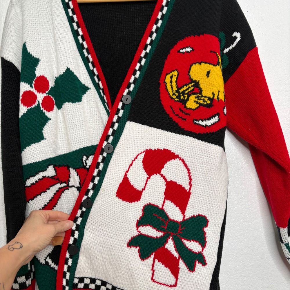 Peanuts Snoopy Christmas Cardigan Sweater Colorblock Checkered Trim V-Neck - Picture 5 of 10